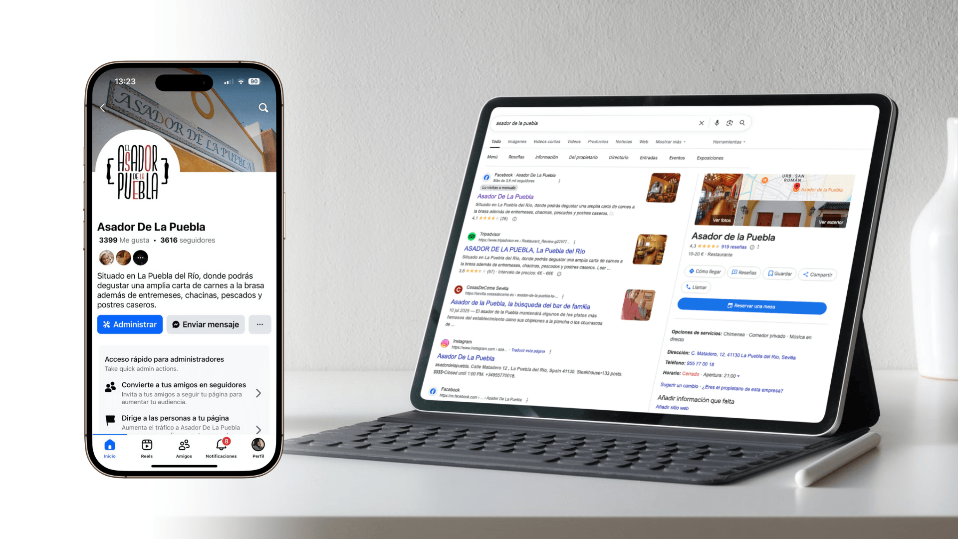 Captura en mockup del Facebook actualizado y el perfil de Google